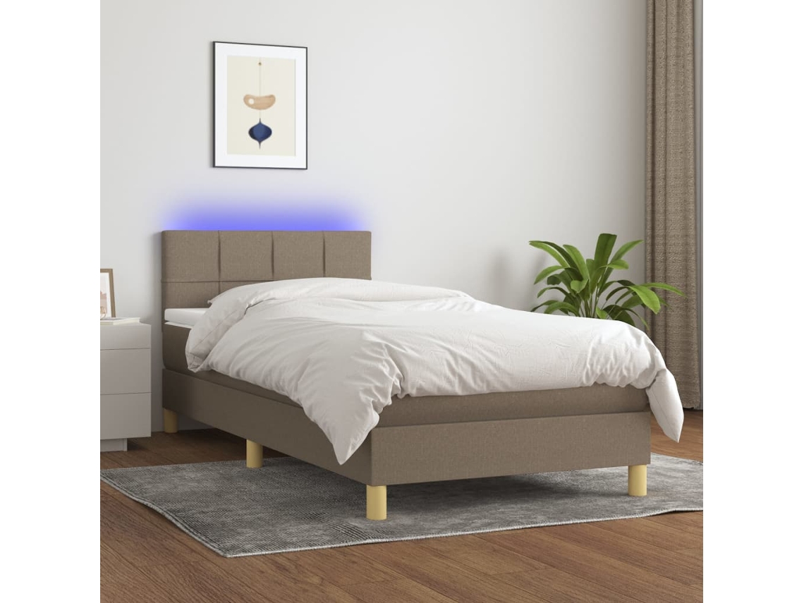 Cama Box Spring Con Colchón Led Tela Gris Taupe 80x200 Cm