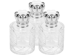 Juego de 3 botellas de vidrio transparente vacías y rellenables con pulverizador para cosméticos y productos de cuidado personal.