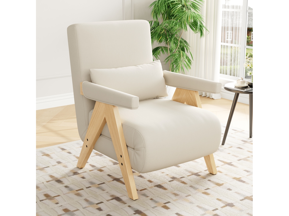 Sofá de dos plazas de terciopelo, asiento de 15 cm de grosor, patas de madera maciza, dos cojines, para salón, color beige.