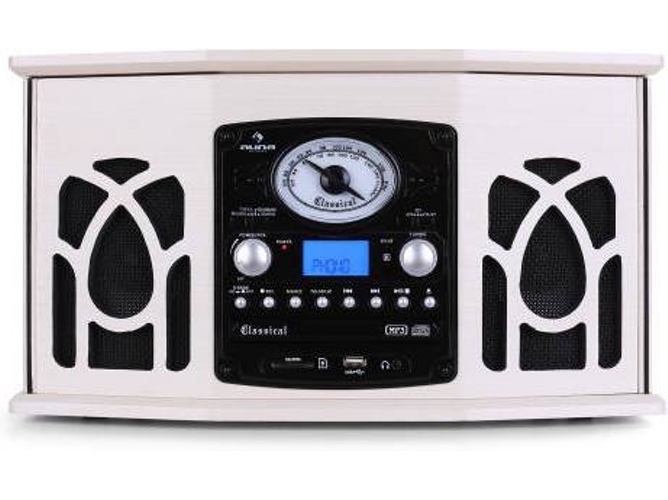Auna Nr620 Tocadiscos reproductor de vinilo y cd altavoces accionamiento correa 3 velocidades 45 rpm sintonizador radio fm usb sd control remoto crema cadena multifuncional puerto lector tarjeta cassette