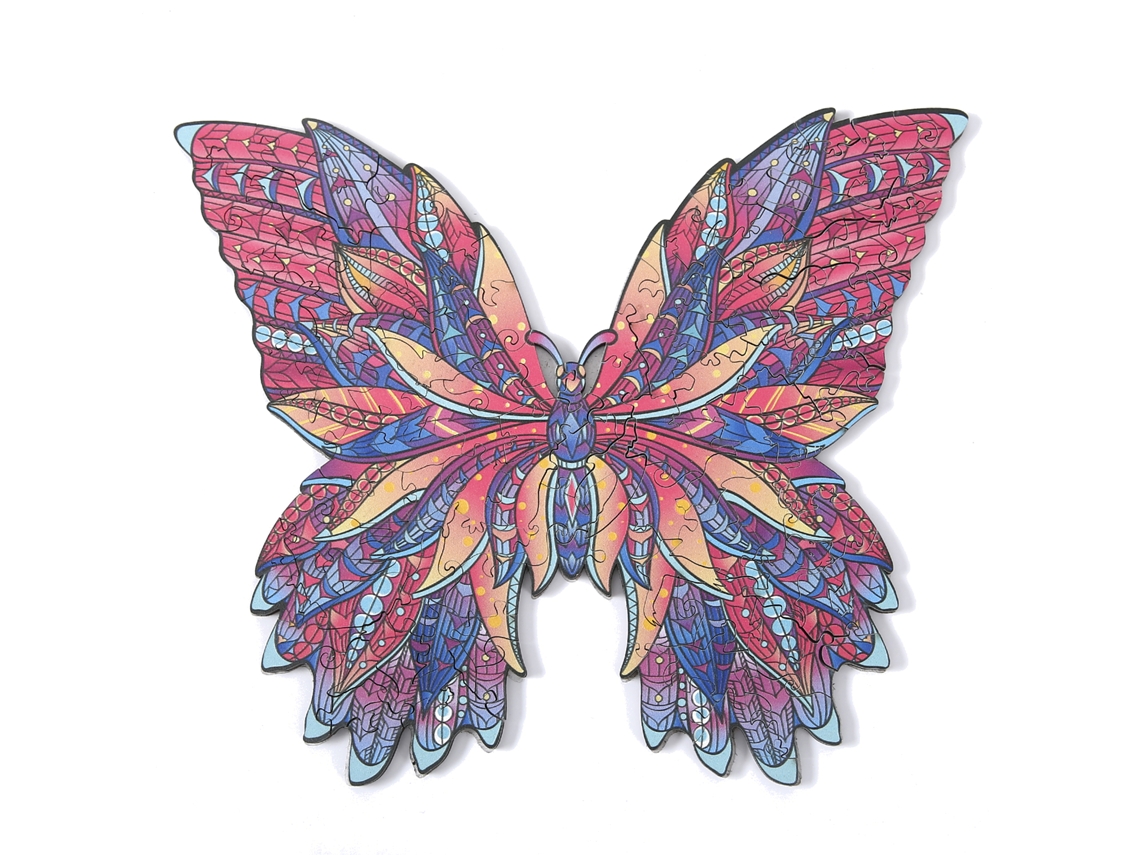 Rompecabezas de madera DIY con forma de silueta. Con piezas individuales de diferentes diseños. Hecho de madera policromada. Tamaño A4. Diseño de mariposa.