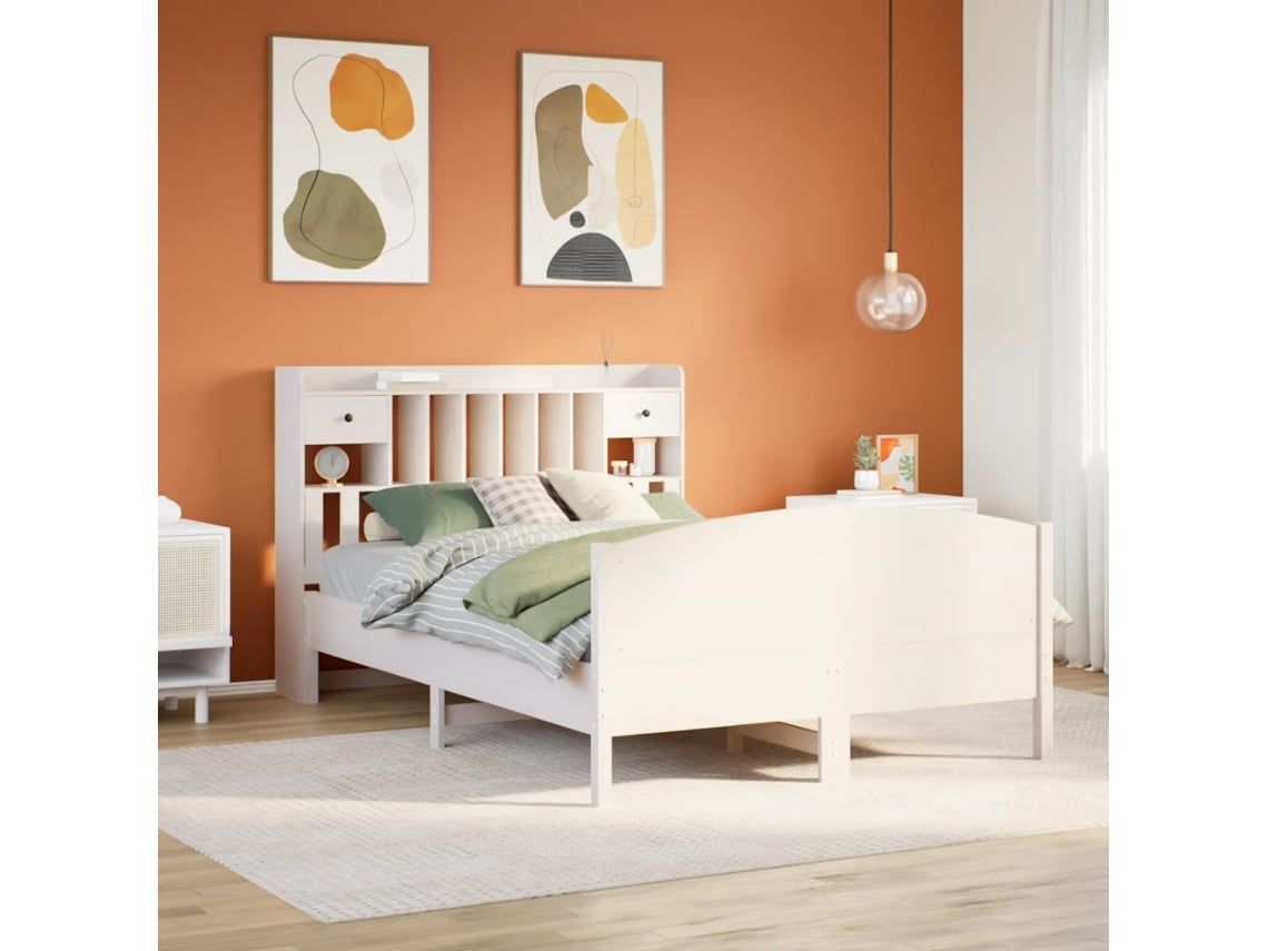 Cama Con Estantería Sin Colchón Madera Maciza Blanca 140x200 Cm