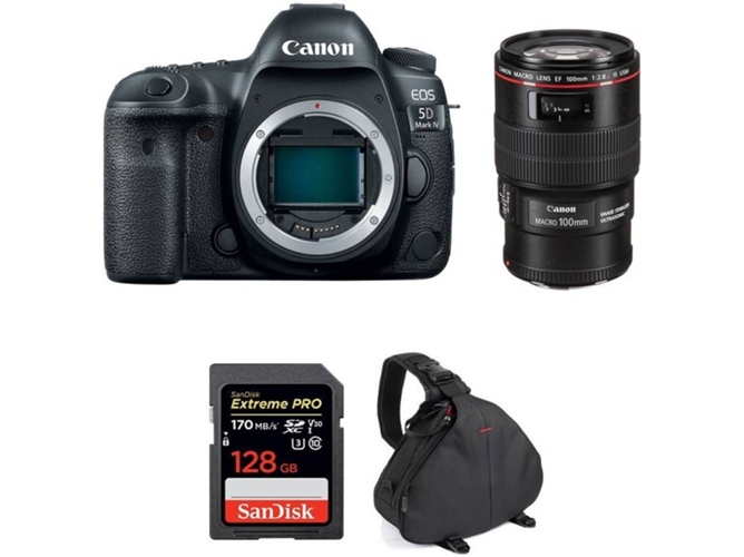 Kit Cámara CANON EOS 5D Mark IV + EF 100mm f/2.8L Macro IS USM + SanDisk 128 GB + Bolsa (Full-Frame)