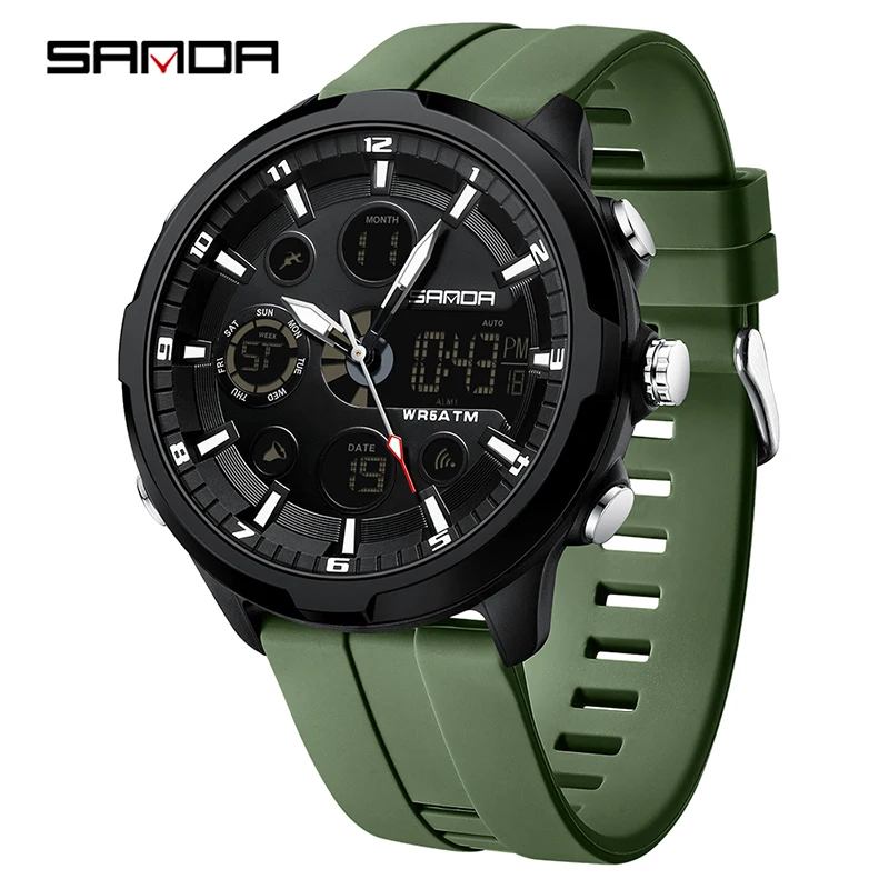Reloj De Cuarzo Multifuncional Para Hombre (verde), Resistente Al Agua Hasta 50 Metros, Doble Pantalla, Alarma De Cronógrafo.
