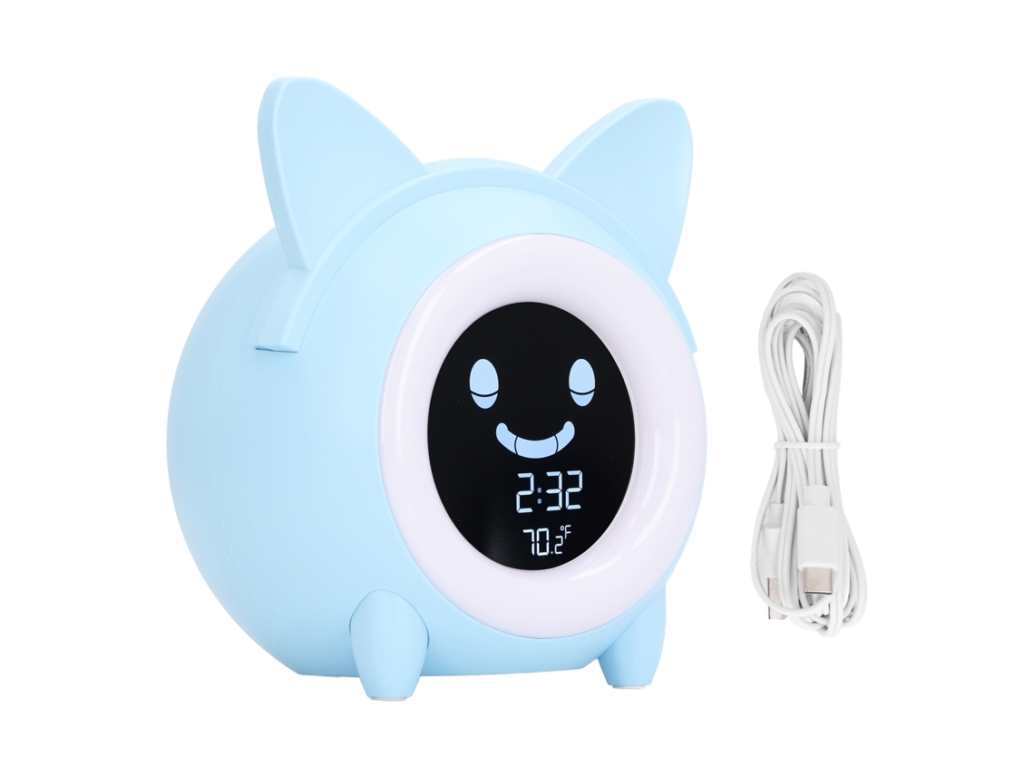 Reloj Despertador Para El Entrenamiento Del Sueño Infantil, Gato De Dibujos Animados, Luz Nocturna Digital, Azul Claro.