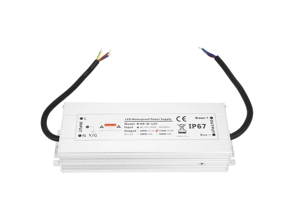 Fuente de alimentación LED de 250 W con protección IP67, controlador de transformador LED (12 V, 20,8 A, HRW, 12 V, 250 W)