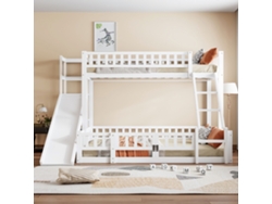 Litera de 90x200 cm y 140x200 cm de madera de pino con tobogán, escaleras, barreras, espacio de almacenaje y pequeña puerta corredera de estilo blanco.