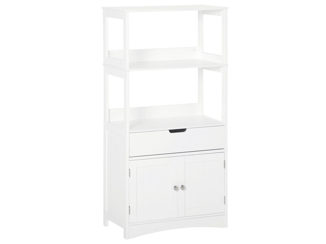 VPMKP - Kleankin armario de baño con 3 estantes, cajón y 2 puertas, mueble de almacenamiento para cocina, salón y dormitorio, 60x33x122,5 cm, blanco