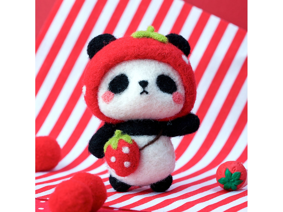 Kit de manualidades de fieltro DIY con aguja para principiantes, materiales para colgante de lana estilo panda de dibujos animados, estilo básico, fresa pequeña