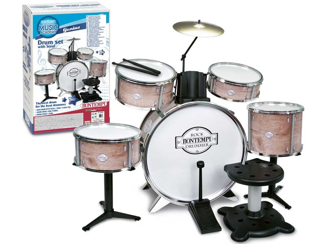 Batería de juguete Bontempi, color plata metalizada, 6 piezas con taburete.