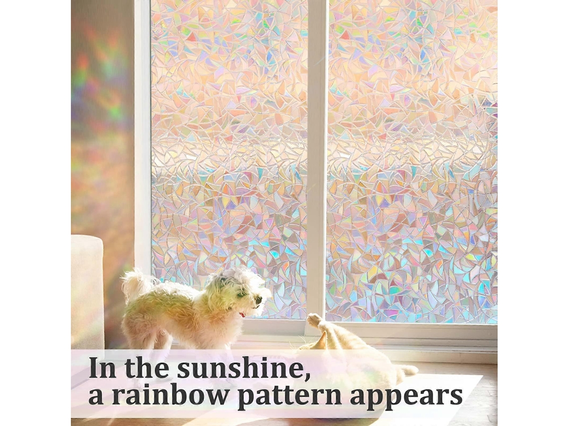 Película para ventanas con diseño de vitral arcoíris: Película decorativa 3D para vidrio, sin adhesivo, adherencia estática (44,5 x 200 cm)