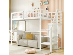 Litera Mezzanine 90x200 Cm Para Niños Con Escalera Segura, Barandilla, Estanterías Y Armario Integrado Blanco
