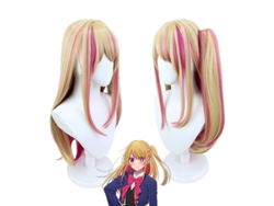 La Peluca Ruby Oshi No Ko Cosplay, Con Mechones Rosas Sobre Una Base Dorada Y Una Coleta, Es Perfecta Para Fiestas Temáticas De Anime.