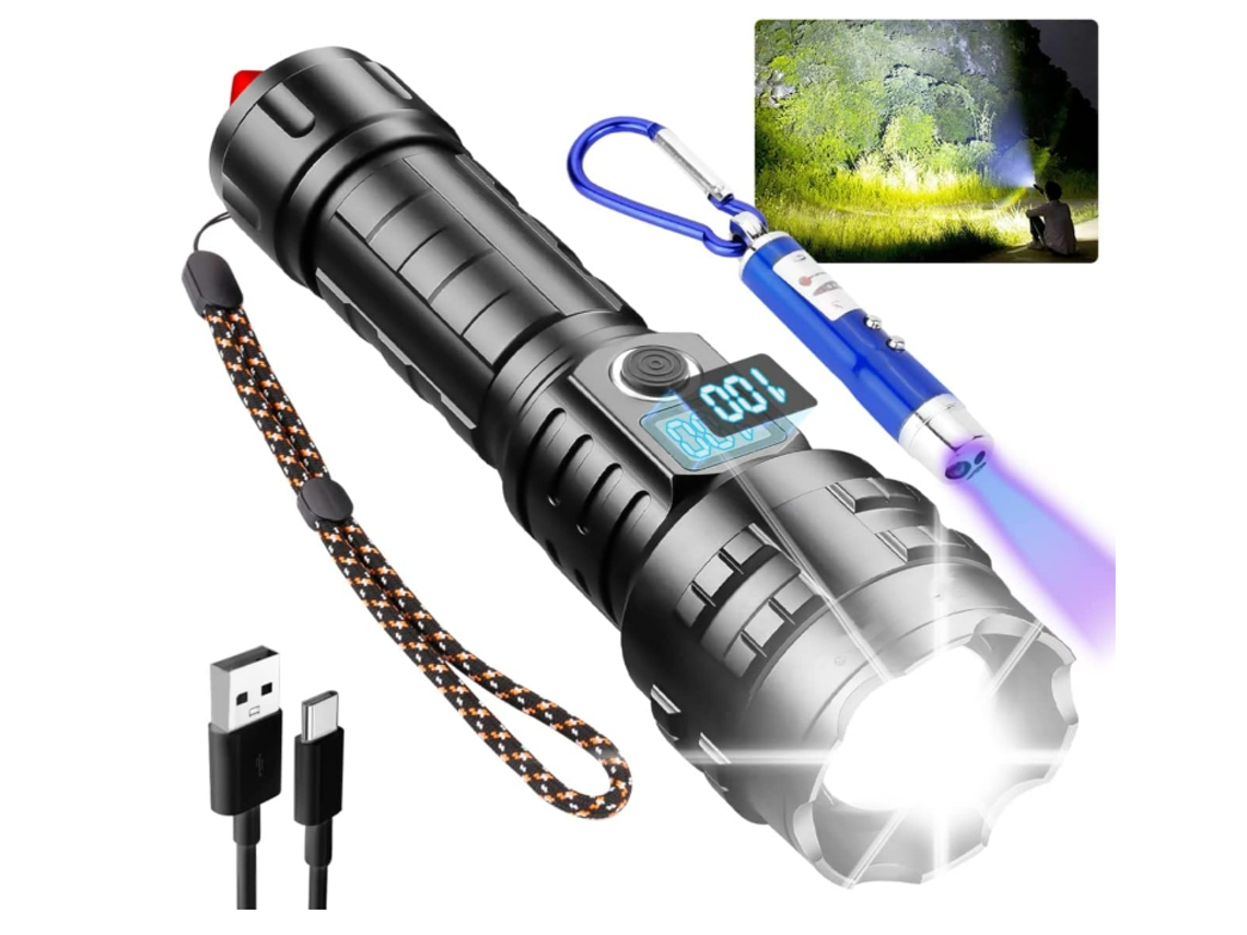 Linternas LED superbrillantes, 20000 lúmenes, linterna LED recargable XHP70.2, linterna táctica alimentada por batería, con zoom (negro) YIZHOOD