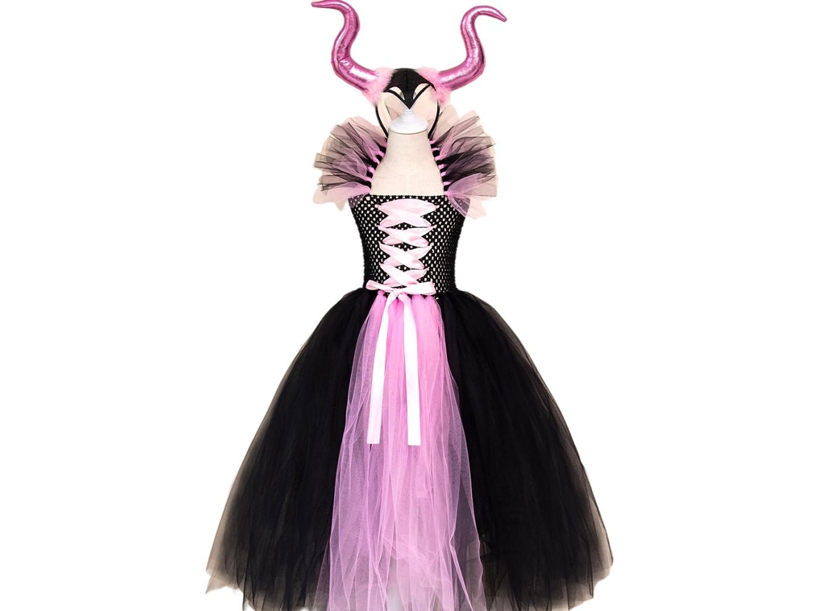 Kkpm-traje De Bruja Deluxe Para Niños Con Vestido Negro Y Diadema De Cuernos Para Halloween Y Cosplay Villano