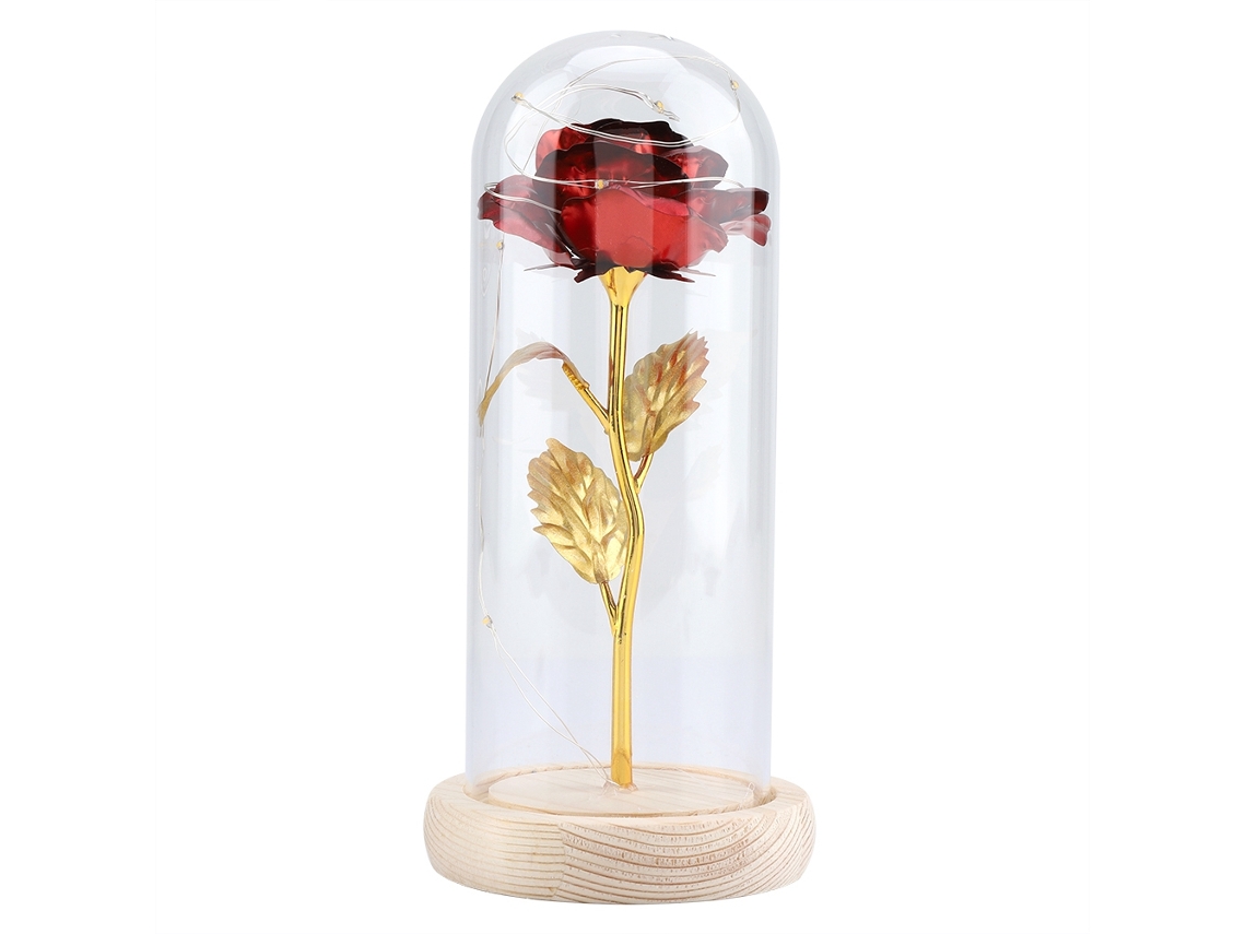 Rosa preservada con luz LED, base de madera y cubierta de cristal, color rojo, ideal para San Valentín y bodas.