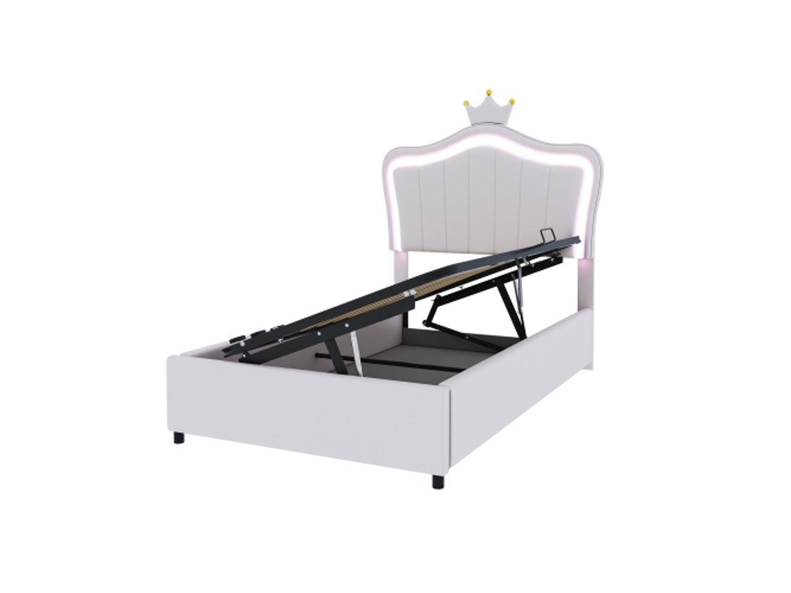 Cama Infantil Estofada 90x200 Blanca Corona Hidráulico Led Cabecera Regulable Cuero Ecológico