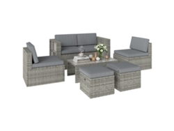 Conjunto De Exterior De 6 Piezas: Sofá, 2 Sillas, Mesa De Centro Con Tapa De Cristal, 2 Pufs, Color Gris Oscuro.