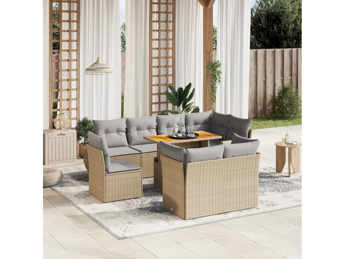 Conjunto de sofá de jardín de 9 piezas con cojines, mimbre sintético beige, Dkd Home Decor