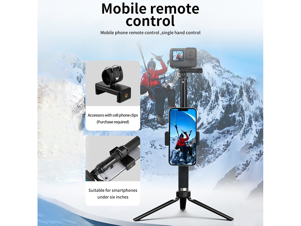 Palo Selfie Extensible Con Trípode Y Soporte Para Teléfonos Y Cámaras De Acción, Aluminio Ajustable Telesin