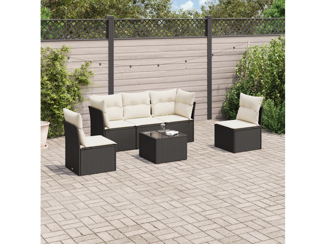 Conjunto de sofá de jardín de 6 piezas con cojines, mimbre sintético negro, DKD Home Decor