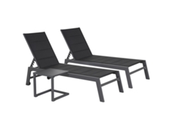 Juego de 2 tumbonas Barbados en textileno negro y mesa auxiliar de aluminio gris antracita Happy Garden