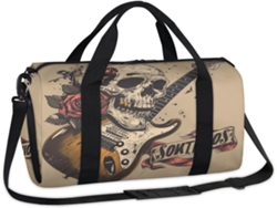 Mochila rosa con diseño de calavera y guitarra, 45x21x23cm, tela de poliéster. Sin marca.