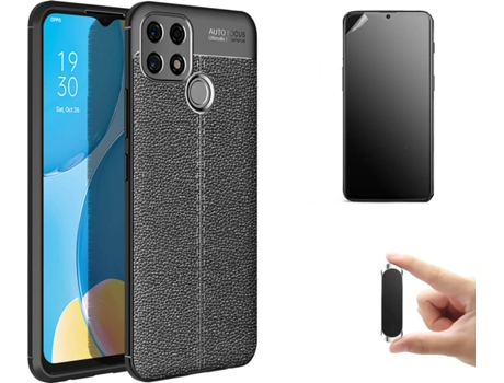 Kit Carcasa, Protector Y Soporte Oppo A15 Ultimatte Rugged Leather Negro