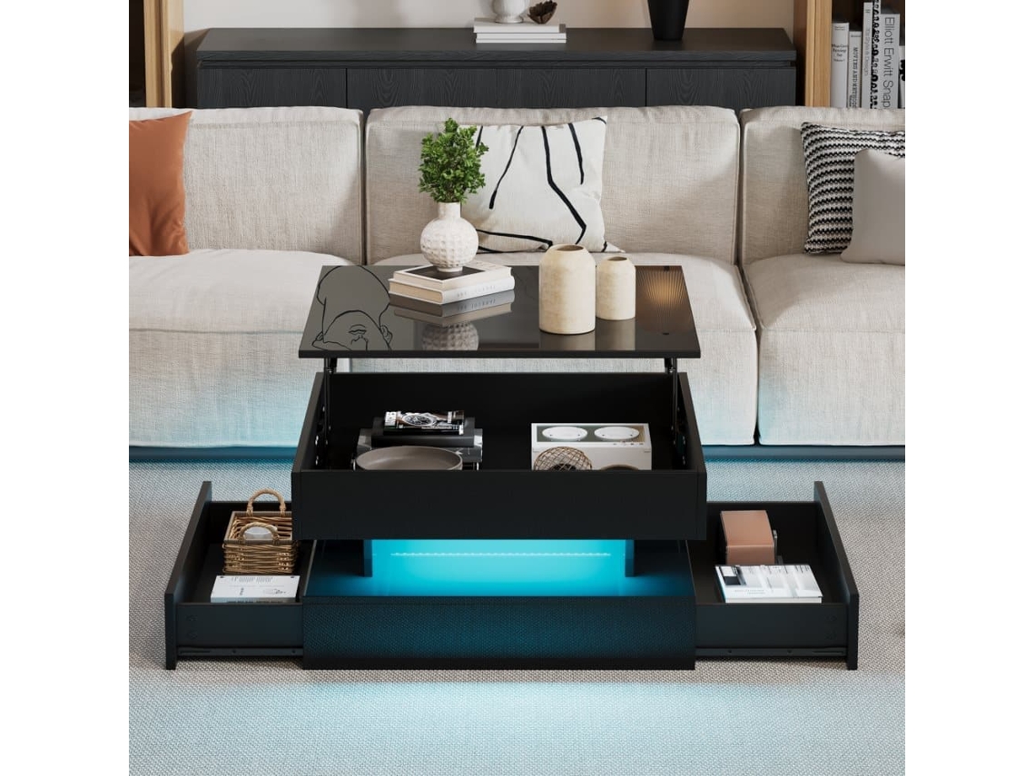 Mesa De Centro 65x65x38.5 Cm - Mesa De Salón Elevable, Mesa Auxiliar, Mesa De Café Con Led, 2 Cajones, Diseño Geométrico - Negro