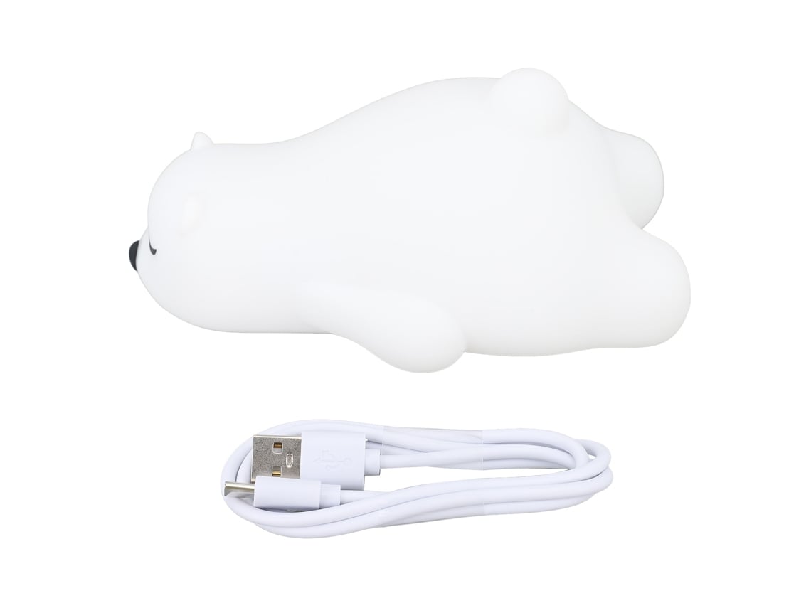 Luz noturna LED em forma de urso deitado, de silicone macio e colorido, recarregável via USB, ideal para crianças.