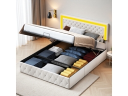 Cama De Matrimonio 140x200 Cm, Tapizada Con Iluminación Led Y Función Almacenaje, Para Adolescentes Y Adultos, Terciopelo Beige