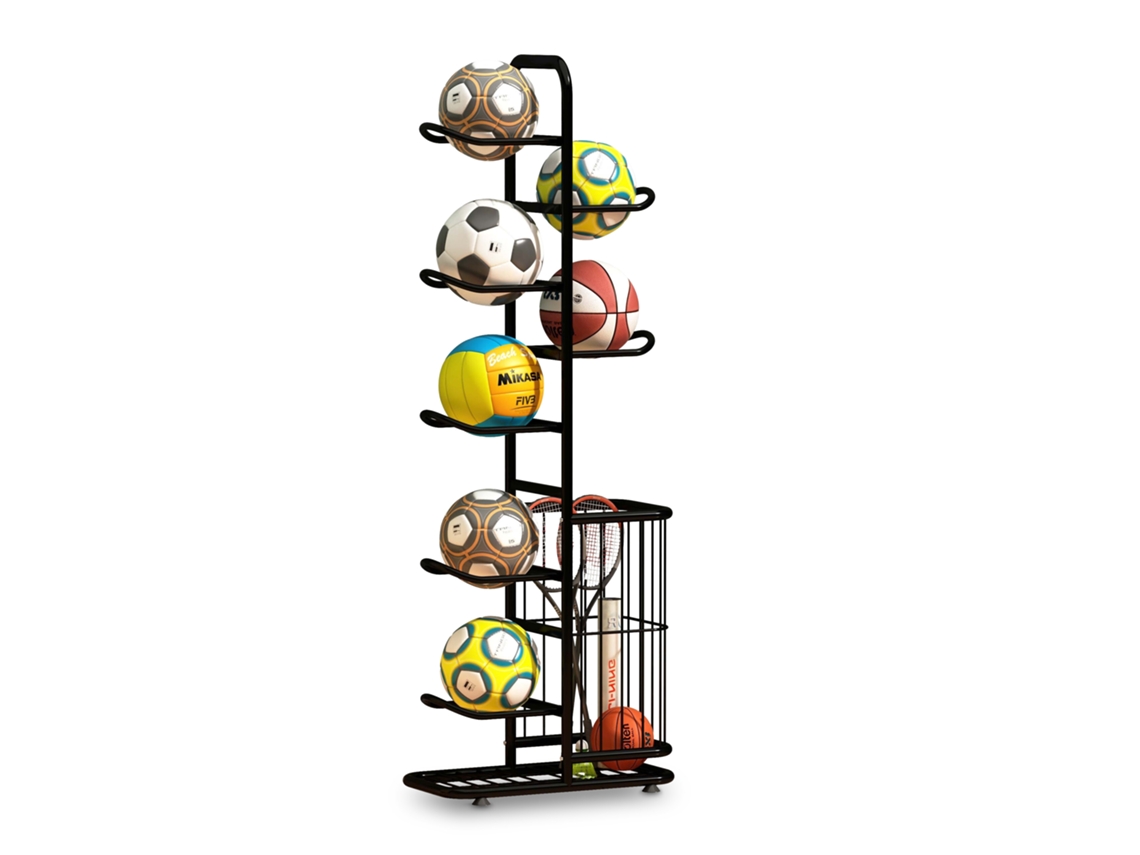 Soporte Para Balones Relaxdays, 7 Balones, Con Cesta, Metal, 146 X 58 X 23,5 Cm, Para Baloncesto Y Fútbol, Negro