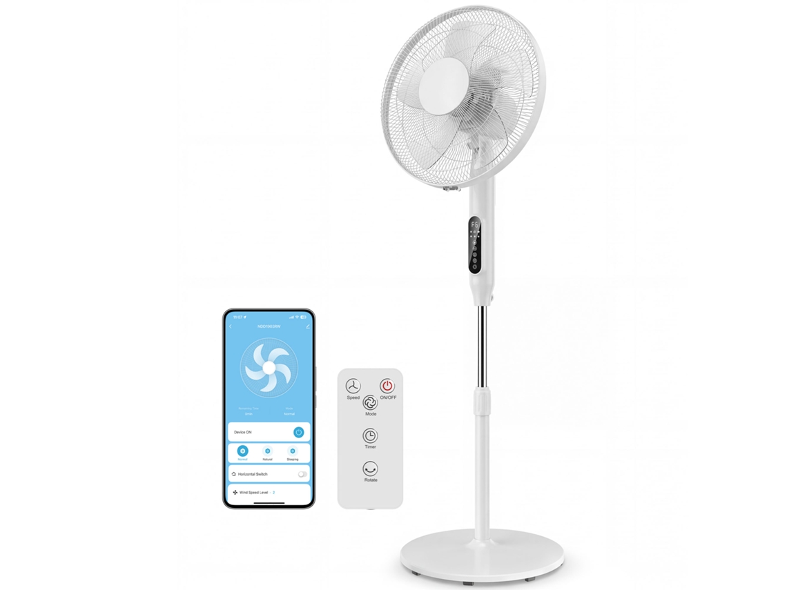 Ventilador de pedestal con control remoto, función Wi-Fi, altura ajustable, 3 velocidades, 3 modos de oscilación, temporizador, blanco. ZENCORE SERVICES