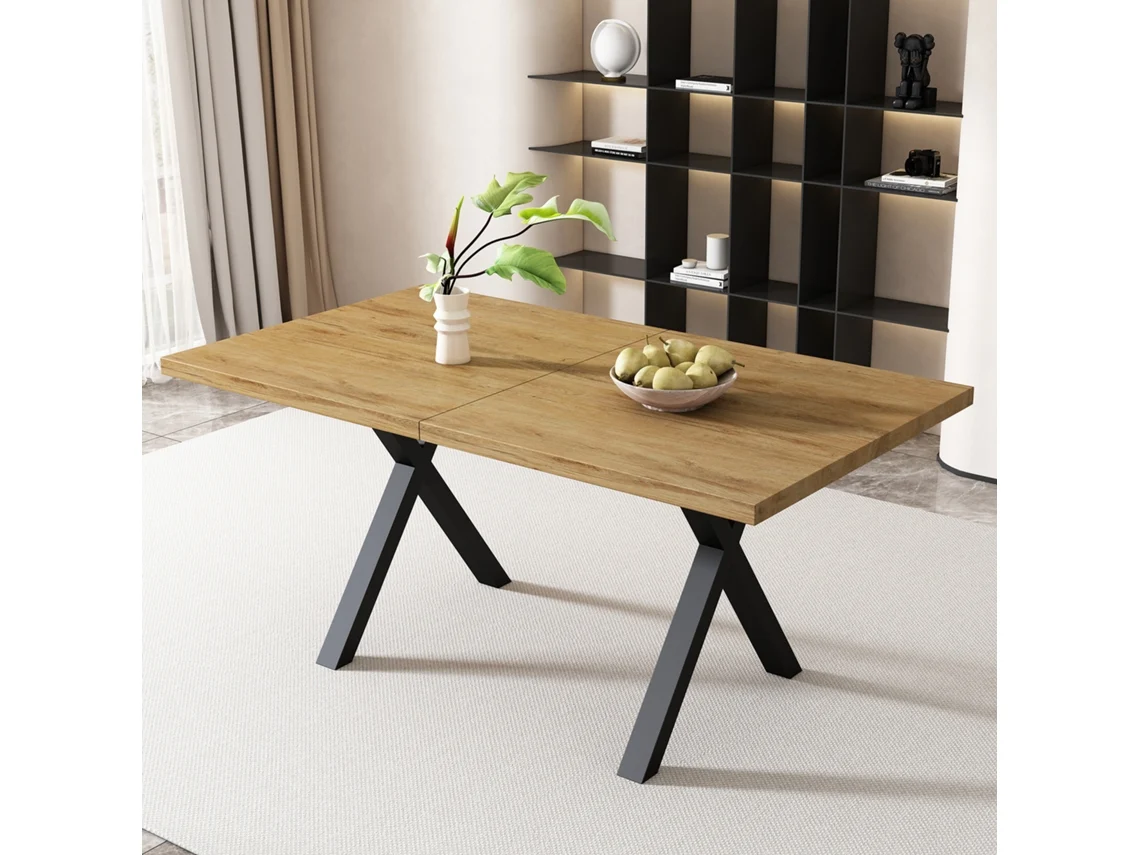 Mesa De Comedor 140x80x76 Cm - Diseño Moderno Con Patas Cruzadas, Hierro Y Roble, Negro
