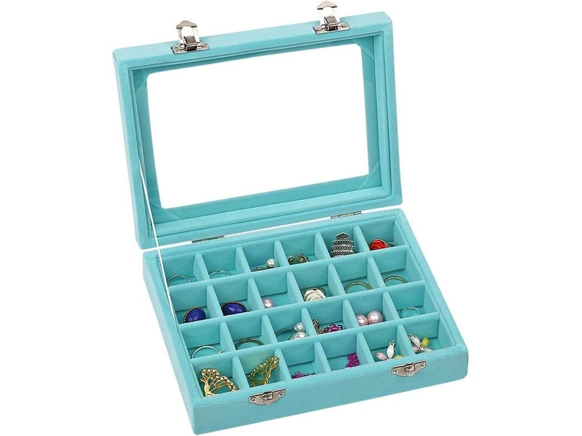Caja Organizadora De Joyas Azul Claro Con Tapa De Cristal Y Cerradura Para Anillos Y Pendientes.