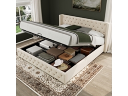 Cama Doble De 140x200 Cm, Tapizada Con Solapas Laterales, Doble Capa De Tachuelas, Compartimento De Almacenamiento Hidráulico, Terciopelo Beige.