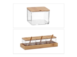 Conjunto De 3 Recipientes Para Especiarias Relaxdays, Frascos Com Colher E Tampa, Plástico, Bambu, Transparente