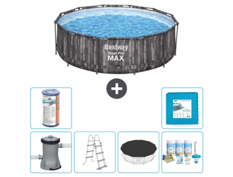Piscina BESTWAY Round Steel Pro MAX - Impresión en madera - 366 x 100 cm - Bomba incluida - Escalera Accesorios CB22
