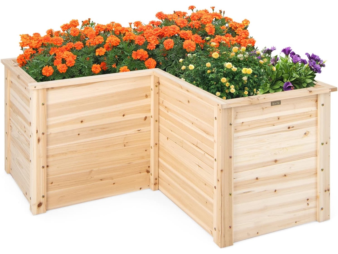 Cama de Jardín Elevada de Madera de Abeto, Macetero Elevado para Exteriores de 62 cm en Forma de L, Macetero para Plantas, Flores COSTWAY