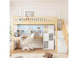 Cama Alta 90x200 Cm - Led, Escalera Con Estantes, Escritorio Y Almacenamiento - Blanco/natural