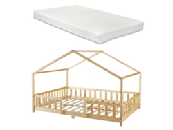 Cama de criança Treviolo em forma de casa pinho + colchão 120x200cm - Pinho natural EN.CASAneu.haus.