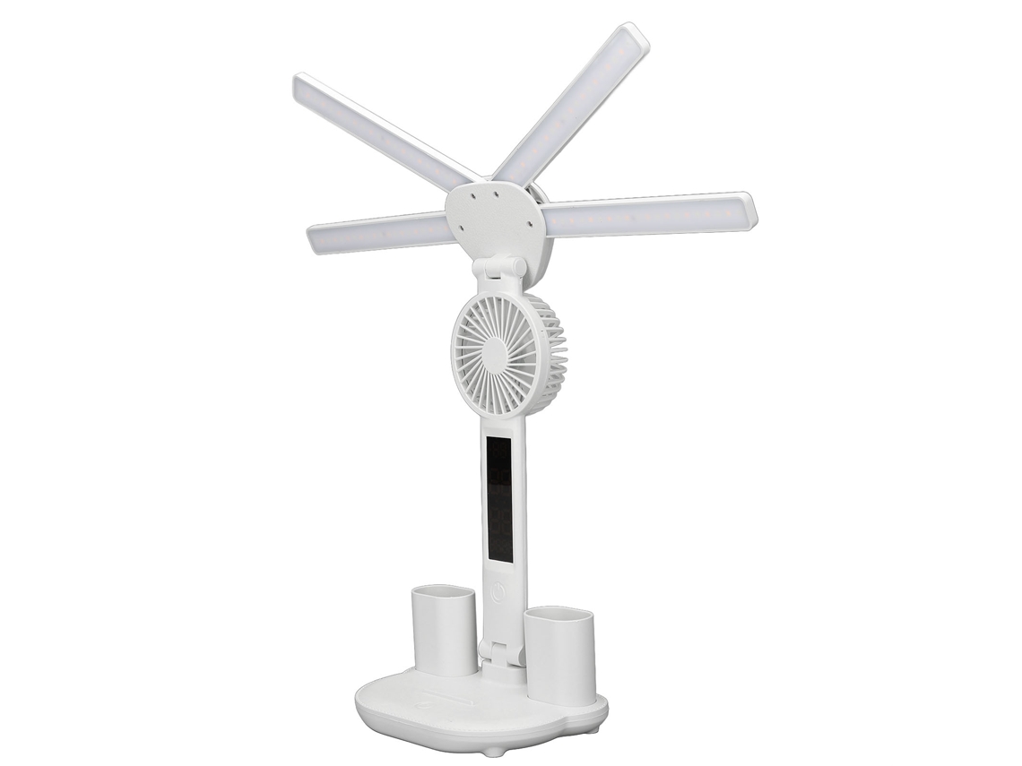Lámpara de mesa plegable con 4 brazos y ventilador recargable.