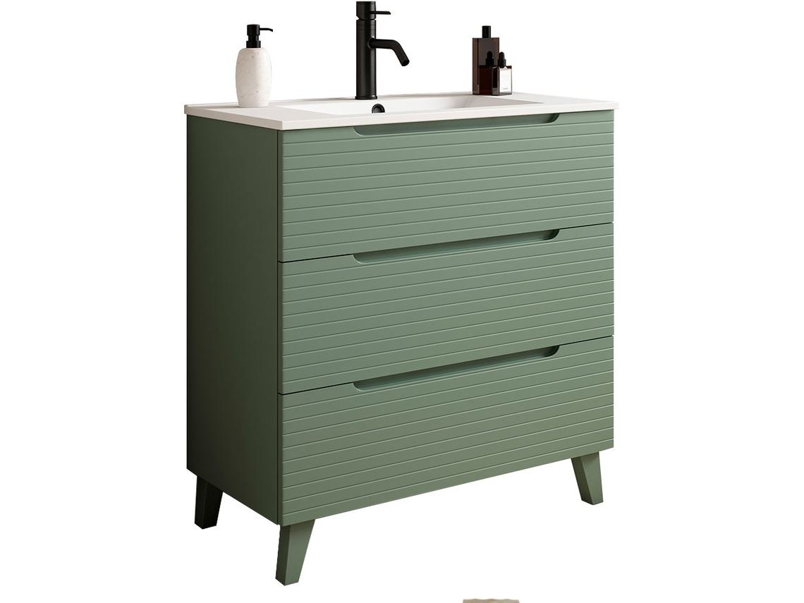 Mueble de baño con Lavabo BOREAL 80x45 cm acabado Verde Lago mate 3 cajones con patas