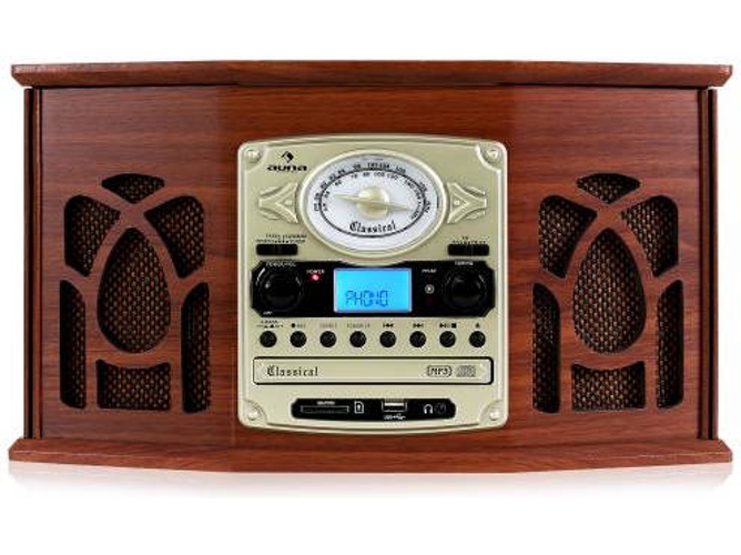 Auna Nr620 Tocadiscos reproductor de vinilo y cd altavoces accionamiento correa 3 velocidades 45 rpm sintonizador radio fm usb sd control remoto blanco cadena mp3