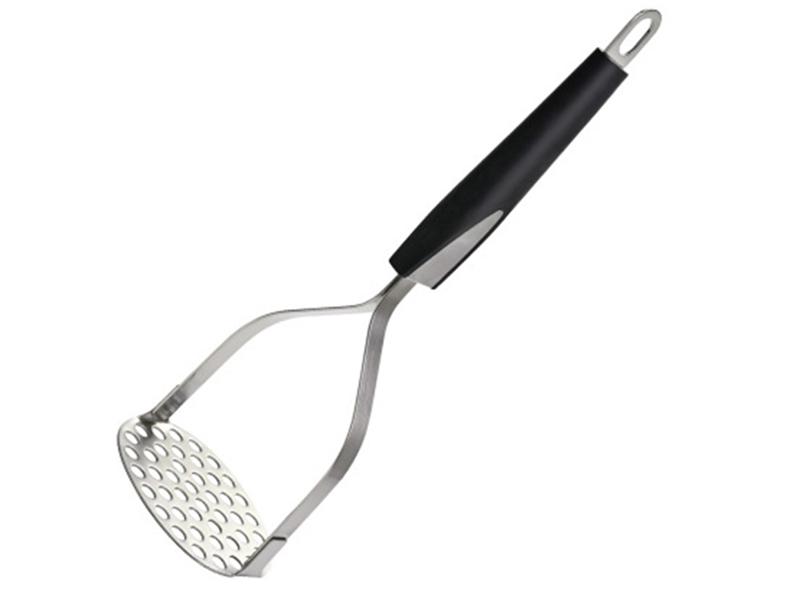 Machacador de papas de acero inoxidable con mango horizontal ancho y ergonómico. Placa de malla fina para un puré uniforme. Maquinaria
