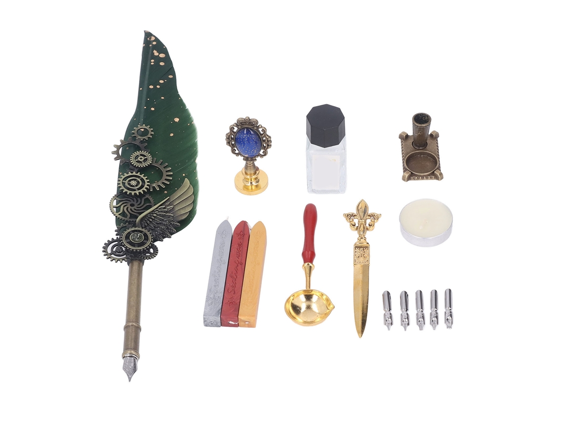 Set Pluma De Pluma Retro Exquisita Cera De Fuego Con Estampilla Y Base De Vela Pluma Verde