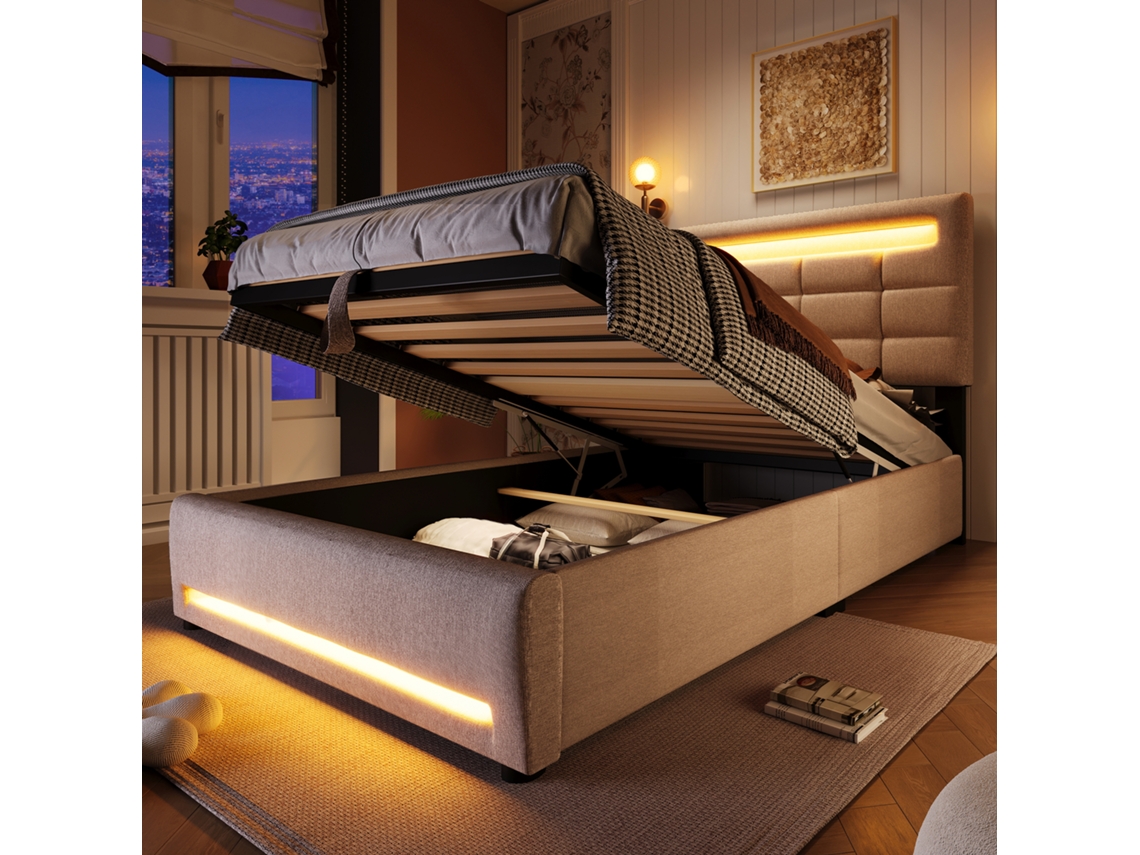 Cama Tapizada De 90x200 Cm Con Iluminación Led, Sistema Hidráulico, Almacenamiento Usb Y Ropa De Cama Color Beige.