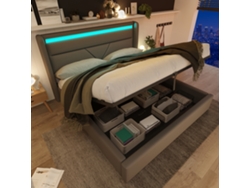 Cama Con Almacenamiento Led De 160x200 Cm Con Panel Hidráulico, Tira Led, Control Remoto, Cama Funcional, Color Gris, Colchón No Incluido.