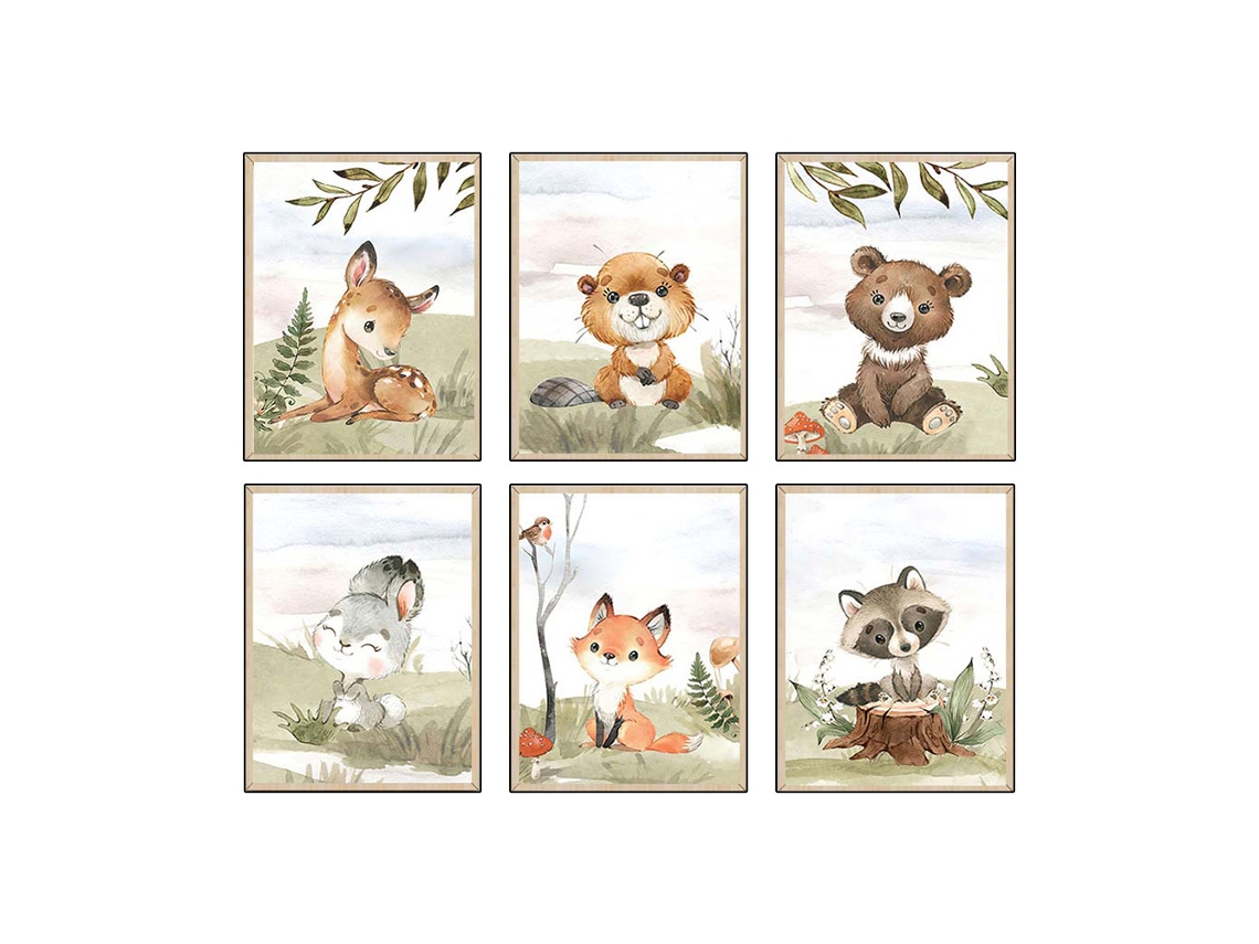Arte infantil creativo con temática de bosque, decoración de animales con frases motivadoras, ilustraciones vibrantes para habitaciones infantiles y guarderías.
