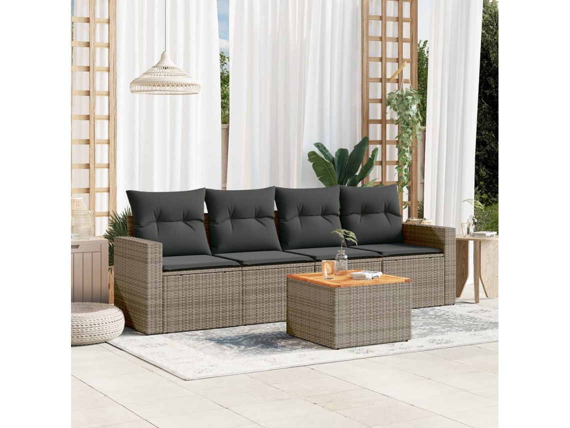 Conjunto de sofá de jardín de 5 piezas con cojines, ratán gris, DKD Home Decor